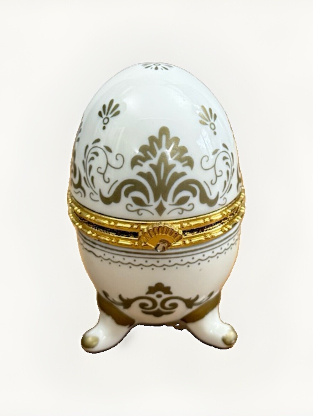 Vintage Collectible Ceramic  Egg Shaped White Trinket Box Clock 1980s 4”